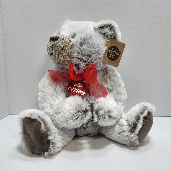 Grey Christmas Teddy Bear Plush Stuffed Soft and Cuddly Red Bow Petting Zoo VTG - Picture 3 of 7